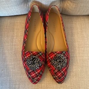 Talbots Red Tartan Plaid Francesca Pom Flats